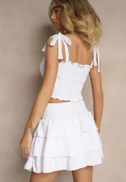 Biały Komplet Dopasowany Top z Wiązaniem i Spódnica o Rozkloszowanym Kroju Evianea