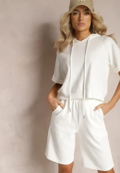 Biały Komplet Dresowy Bluza z Kapturem i Krótkimi Rękawami oraz Szorty Choana