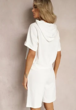 Biały Komplet Dresowy Bluza z Kapturem i Krótkimi Rękawami oraz Szorty Choana