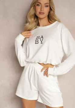 Biały Komplet Dresowy 2-Częściowy Bluza Krótsza i Luźne Spodenki Szorty Frania