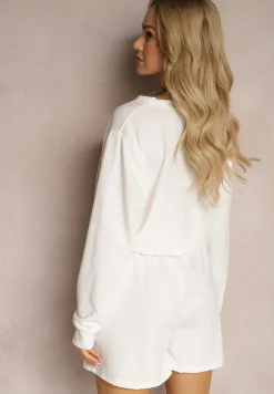 Biały Komplet Dresowy 2-Częściowy Bluza Krótsza i Luźne Spodenki Szorty Frania
