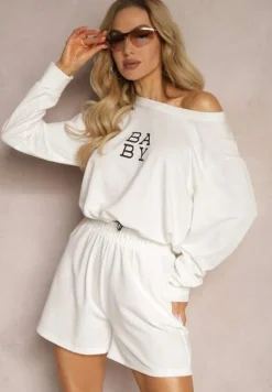 Biały Komplet Dresowy 2-Częściowy Bluza Krótsza i Luźne Spodenki Szorty Frania