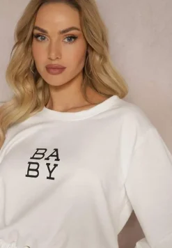 Biały Komplet Dresowy 2-Częściowy Bluza Krótsza i Luźne Spodenki Szorty Frania