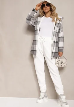 Biały Komplet Dresowy z Domieszką Bawełny Pikowana Bluza z Kapturem i Joggery Evathira