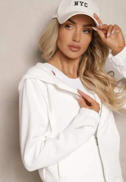 Biały Komplet Dresowy z Domieszką Bawełny Pikowana Bluza z Kapturem i Joggery Evathira