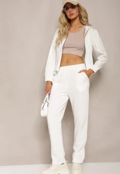 Biały Komplet Dresowy z Elastycznej Bawełny Spodnie z Gumką i Bluza z Kapturem Willama