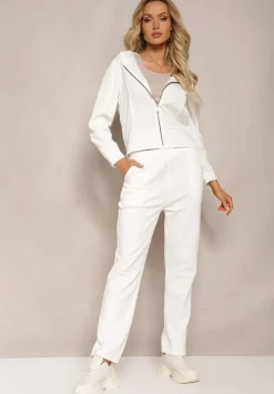 Biały Komplet Dresowy z Elastycznej Bawełny Spodnie z Gumką i Bluza z Kapturem Willama