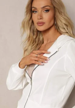 Biały Komplet Dresowy z Elastycznej Bawełny Spodnie z Gumką i Bluza z Kapturem Willama