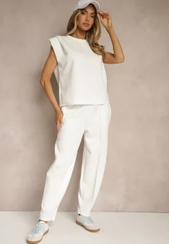 Biały Komplet Dresowy z Wiskozą Spodnie z Ozdobnym Ściągaczem i Top Nitunela