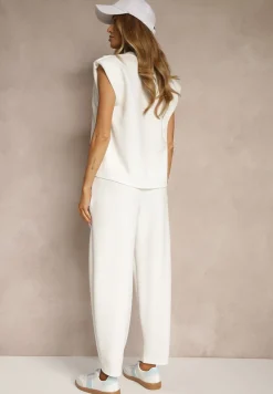 Biały Komplet Dresowy z Wiskozą Spodnie z Ozdobnym Ściągaczem i Top Nitunela