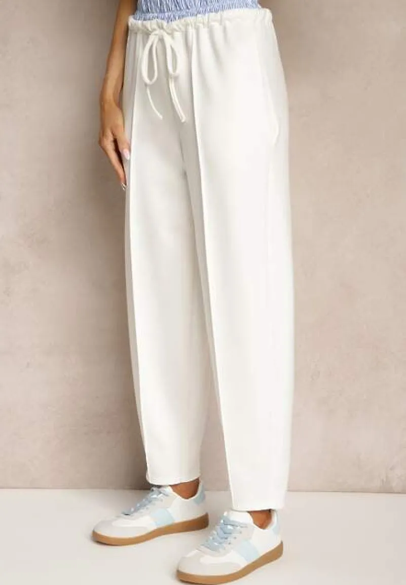 Biały Komplet Dresowy z Wiskozą Spodnie z Ozdobnym Ściągaczem i Top Nitunela