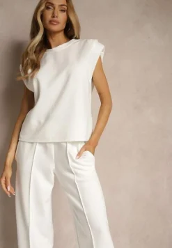 Biały Komplet Dresowy z Wiskozą Spodnie z Ozdobnym Ściągaczem i Top Nitunela