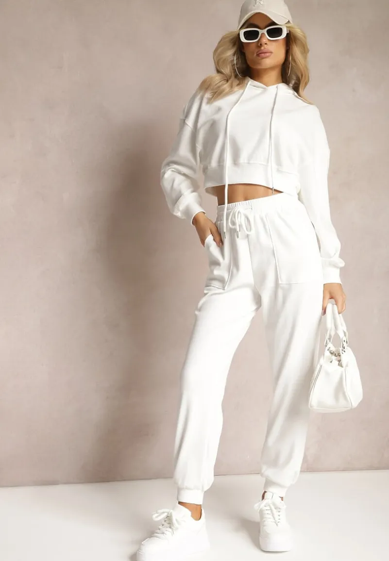Biały Komplet Dresowy ze Spodniami Joggerami i Bluzą z Kapturem Fomstia
