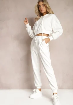 Biały Komplet Dresowy ze Spodniami Joggerami i Bluzą z Kapturem Fomstia