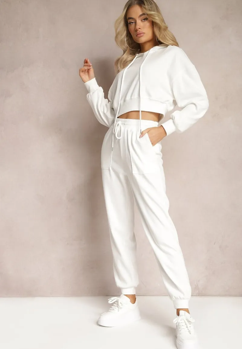 Biały Komplet Dresowy ze Spodniami Joggerami i Bluzą z Kapturem Fomstia