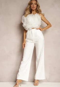 Biały Komplet Garniturowe Spodnie Top z Aplikacją 3D na Regulowanych Ramiączkach Grendlea