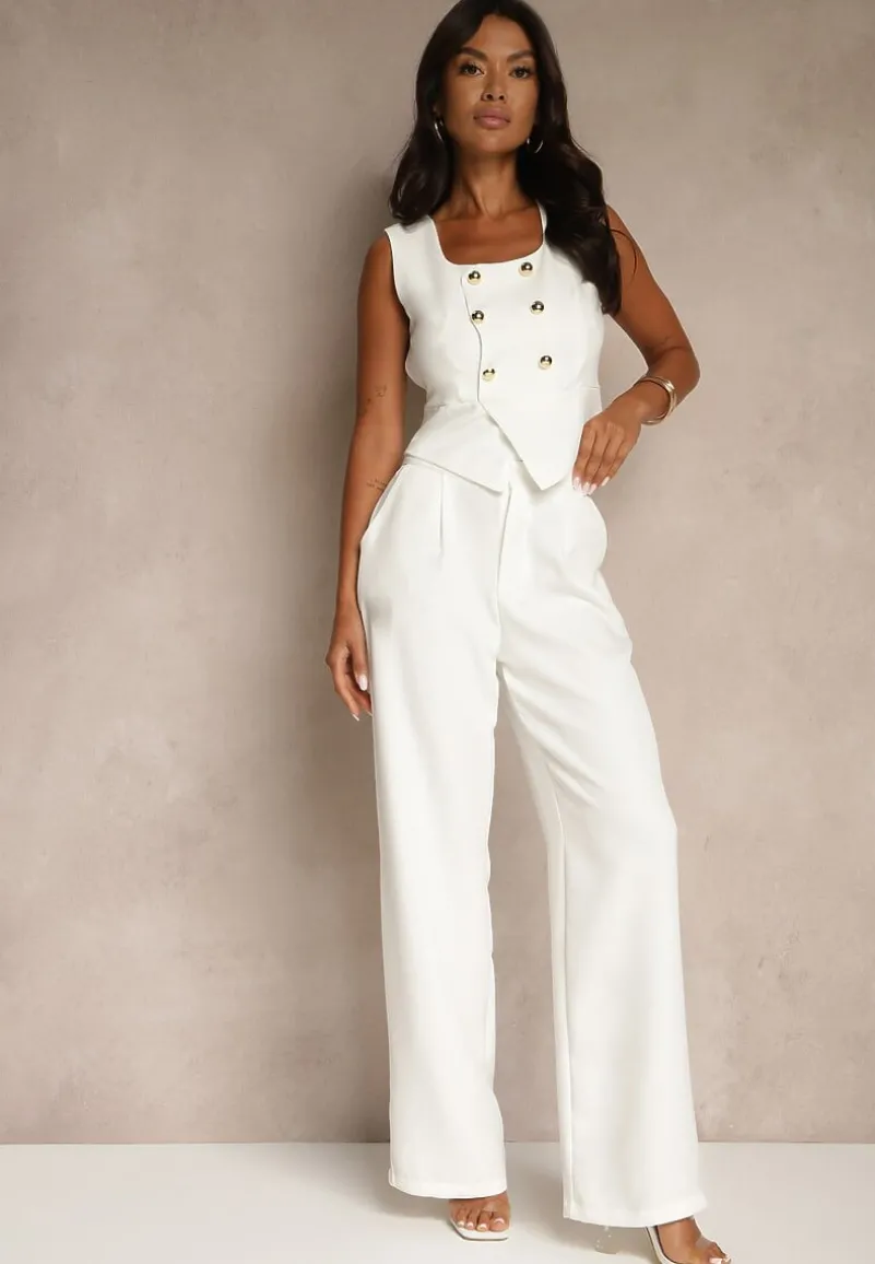Biały Komplet o Garniturowym Kroju z Wiskozą Spodnie Wide Leg i Top Silosea