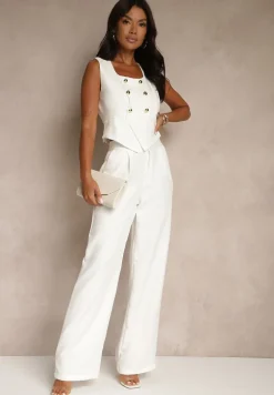 Biały Komplet o Garniturowym Kroju z Wiskozą Spodnie Wide Leg i Top Silosea