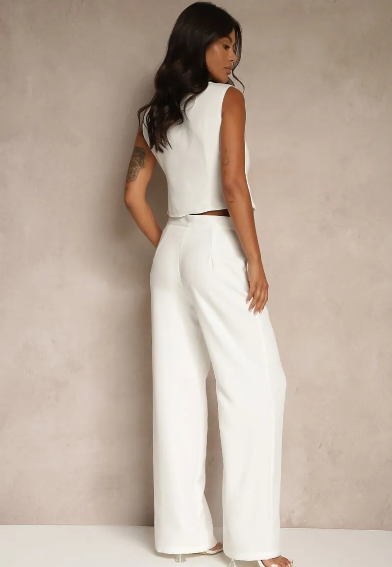 Biały Komplet o Garniturowym Kroju z Wiskozą Spodnie Wide Leg i Top Silosea