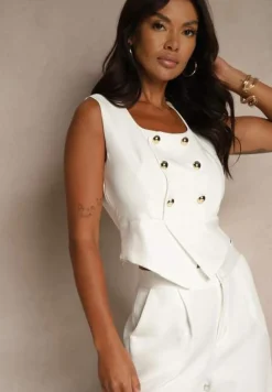 Biały Komplet o Garniturowym Kroju z Wiskozą Spodnie Wide Leg i Top Silosea