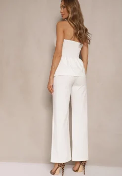 Biały Komplet Top Bandeau Zdobiony Guzikami i Spodnie o Szerokim Kroju Palarienna