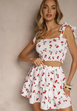 Biały Komplet Top z Kokardkami i Spódnica w Print z Wisienkami Talitora