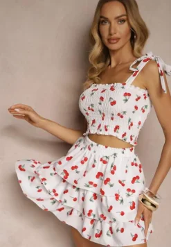 Biały Komplet Top z Kokardkami i Spódnica w Print z Wisienkami Talitora