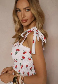 Biały Komplet Top z Kokardkami i Spódnica w Print z Wisienkami Talitora