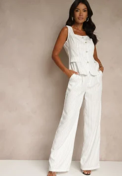 Biały Komplet w Garniturowym Stylu Spodnie Wide Leg i Kamizelka Onirette