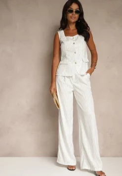 Biały Komplet w Garniturowym Stylu Spodnie Wide Leg i Kamizelka Onirette