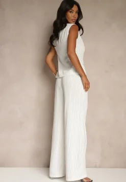 Biały Komplet w Garniturowym Stylu Spodnie Wide Leg i Kamizelka Onirette