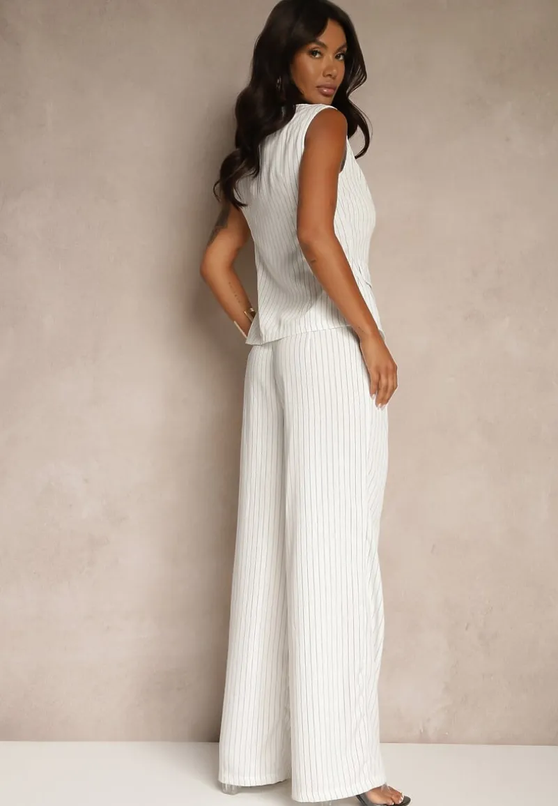 Biały Komplet w Garniturowym Stylu Spodnie Wide Leg i Kamizelka Onirette