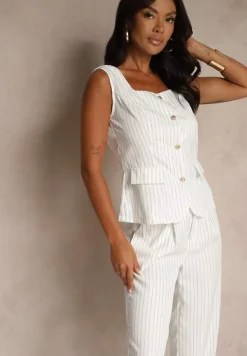Biały Komplet w Garniturowym Stylu Spodnie Wide Leg i Kamizelka Onirette