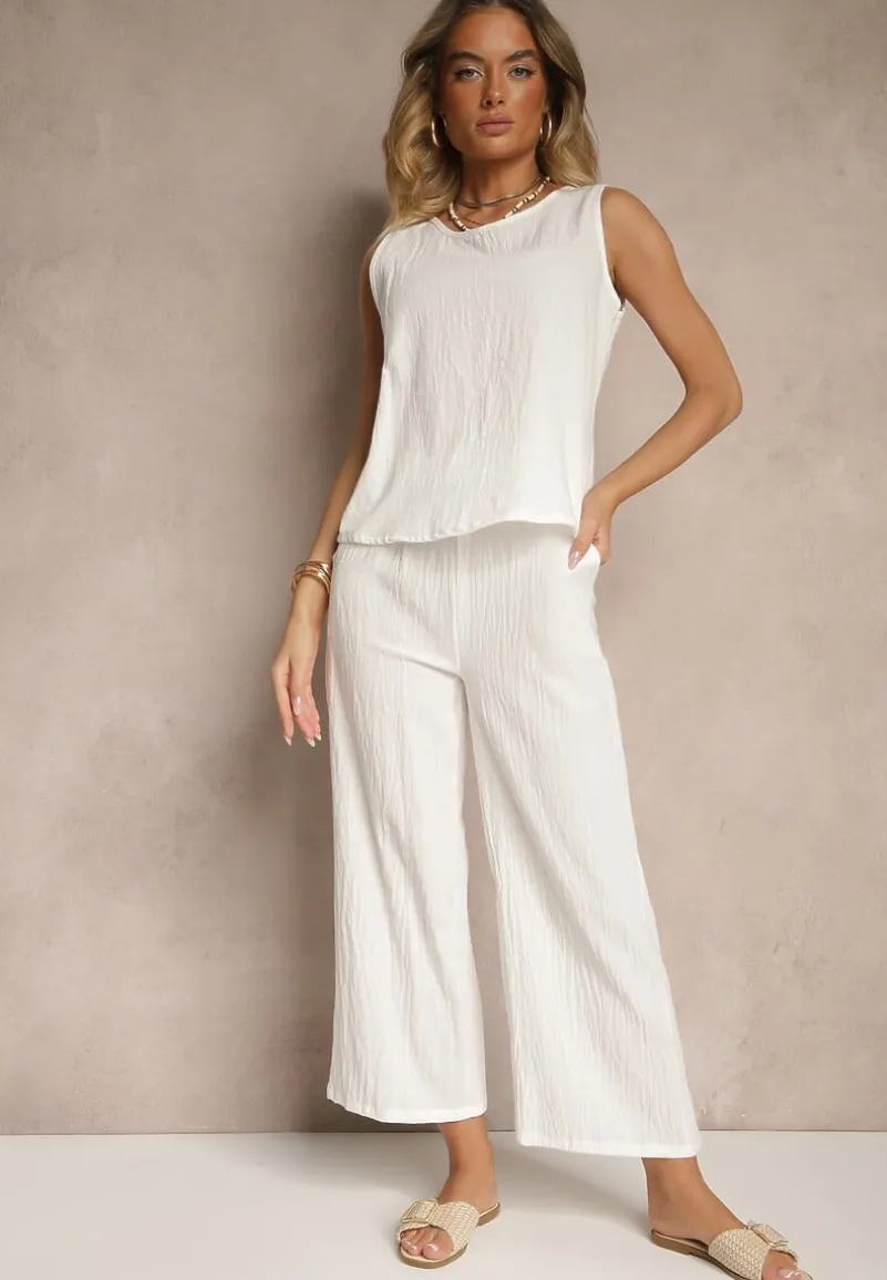 Biały Komplet z Bawełną i Lnem Koszulka i Szerokie Spodnie Isadell