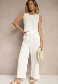 Biały Komplet z Bawełną i Lnem Koszulka i Szerokie Spodnie Isadell