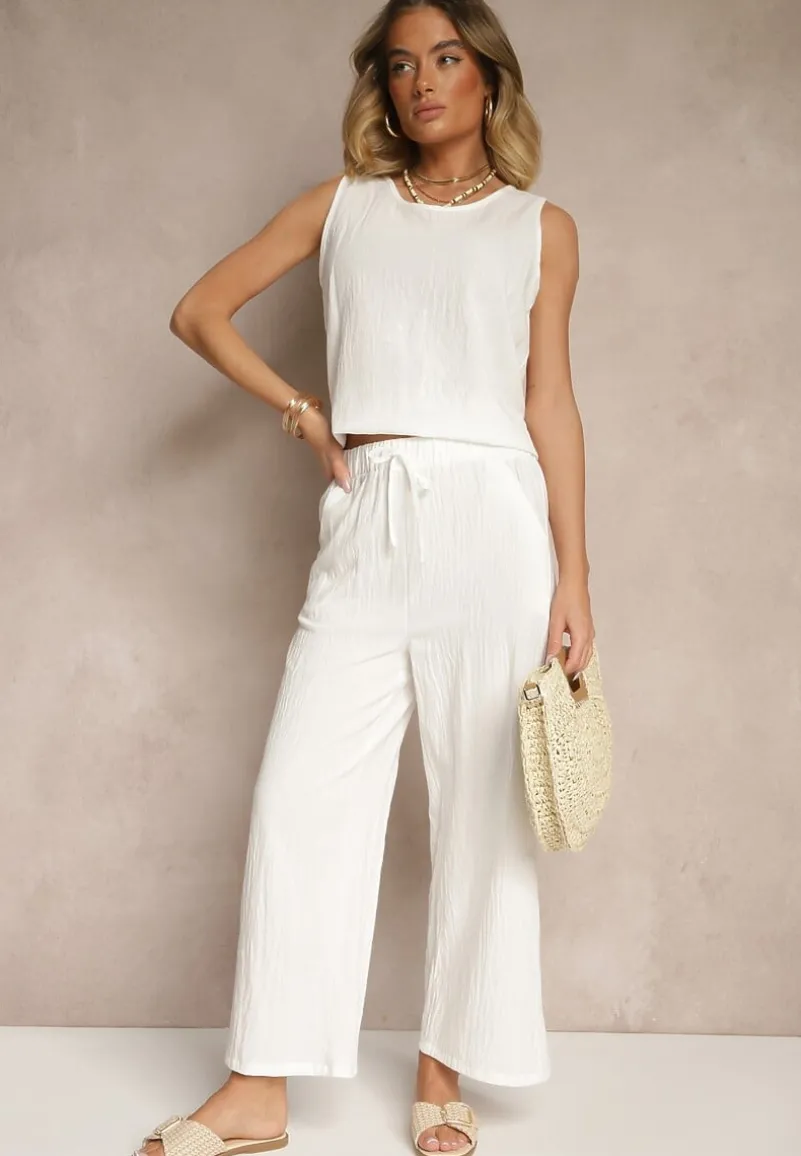 Biały Komplet z Bawełną i Lnem Koszulka i Szerokie Spodnie Isadell