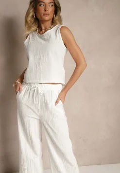 Biały Komplet z Bawełną i Lnem Koszulka i Szerokie Spodnie Isadell