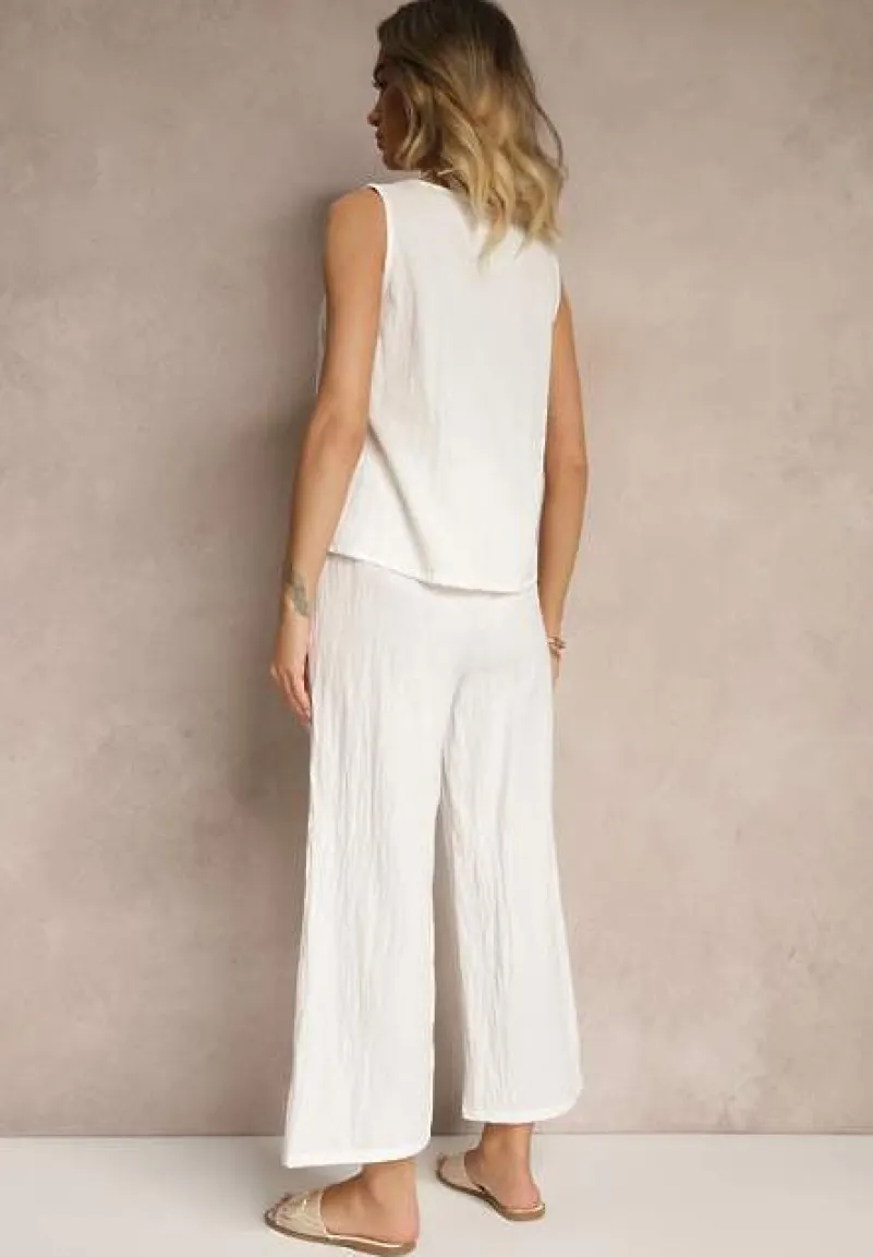 Biały Komplet z Bawełną i Lnem Koszulka i Szerokie Spodnie Isadell