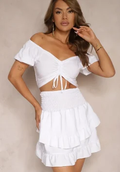 Biały Komplet z Bawełną Spódnica z Gumką w Talii i Falbanką Bluzka Typu Hiszpanka Testalani