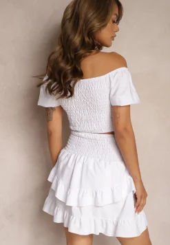 Biały Komplet z Bawełną Spódnica z Gumką w Talii i Falbanką Bluzka Typu Hiszpanka Testalani