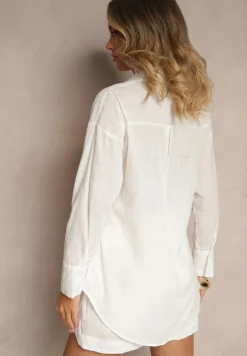 Biały Komplet z Bawełny Koszula z Rozcięciami przy Rękawach i Szorty Sarinevi