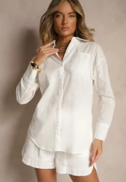 Biały Komplet z Bawełny Koszula z Rozcięciami przy Rękawach i Szorty Sarinevi