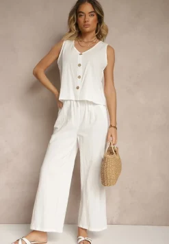 Biały Komplet z Bawełny Bluzka z Guzikami Szerokie Spodnie z Gumką w Talii Floricella
