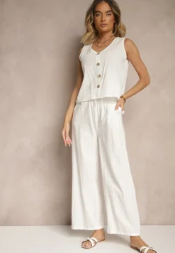 Biały Komplet z Bawełny Bluzka z Guzikami Szerokie Spodnie z Gumką w Talii Floricella