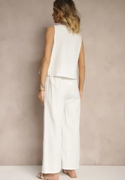 Biały Komplet z Bawełny Bluzka z Guzikami Szerokie Spodnie z Gumką w Talii Floricella