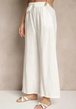 Biały Komplet z Bawełny Bluzka z Guzikami Szerokie Spodnie z Gumką w Talii Floricella