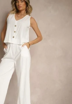 Biały Komplet z Bawełny Bluzka z Guzikami Szerokie Spodnie z Gumką w Talii Floricella
