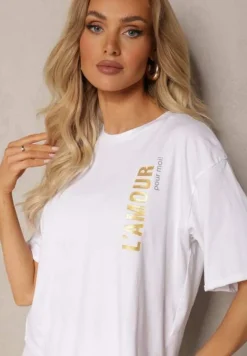 Biały Komplet z Bawełny 2-Częściowy Legginsy 3/4 i Koszulka z Ozdobnym Napisem Nideala