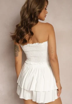 Biały Komplet z Bawełny Elastyczny Top bez Rękawów Szorty z Falbankami i Gumką w Pasie Tessabel