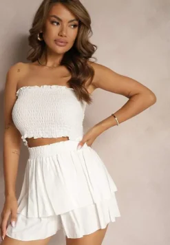 Biały Komplet z Bawełny Elastyczny Top bez Rękawów Szorty z Falbankami i Gumką w Pasie Tessabel